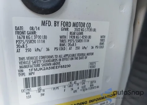 2014 Ford Expedition El Limited из США, поврежденный, VIN 1FMJK2A59EEF65230